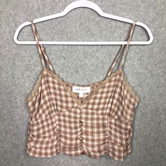 Pink Rose Tank Crop Medium‎ Lace Trim Ruched Preppy Coquette Cowgirl Y2K 90s - Picture 1 of 10